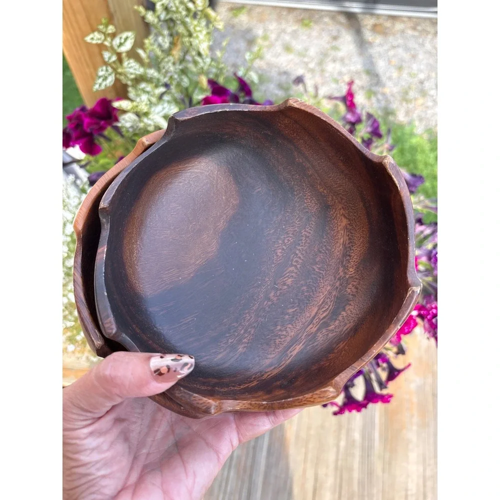 Vintage Hand Crafted Monkey Pod Wood Scalloped Bowls Set of 2 Philippines 6 Inch